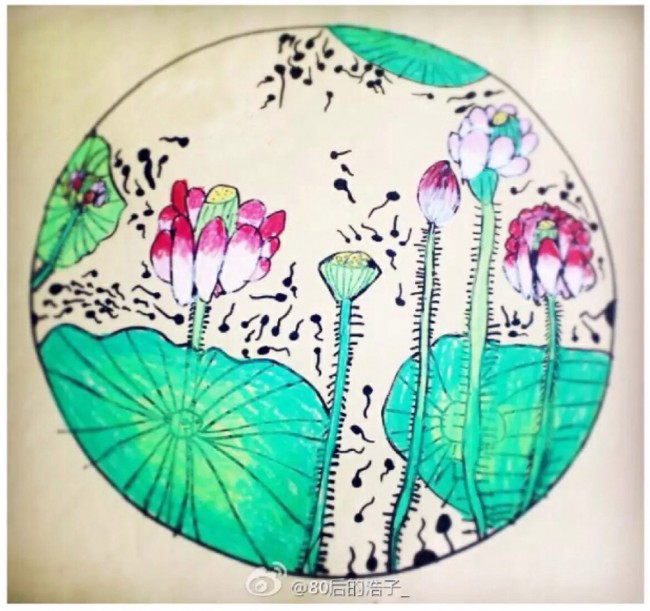 水彩荷塘月色儿童画 中式国画工笔风荷花荷叶景色儿童画绘画作品图片_www.youyix.com