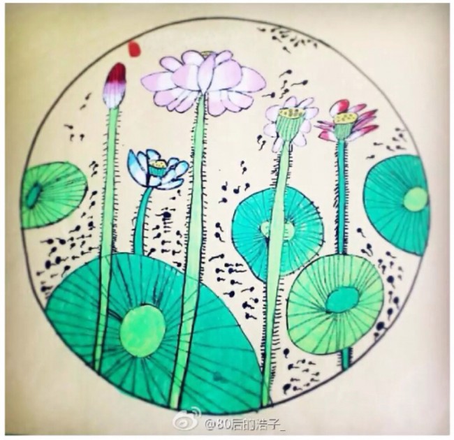 水彩荷塘月色儿童画 中式国画工笔风荷花荷叶景色儿童画绘画作品图片_www.youyix.com