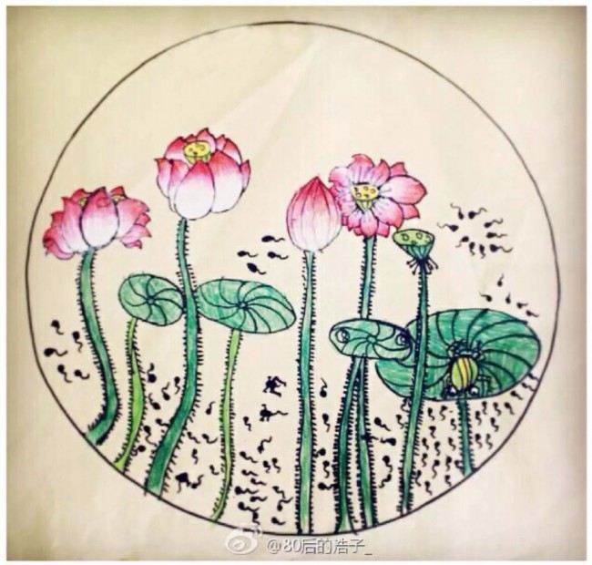 水彩荷塘月色儿童画 中式国画工笔风荷花荷叶景色儿童画绘画作品图片_www.youyix.com