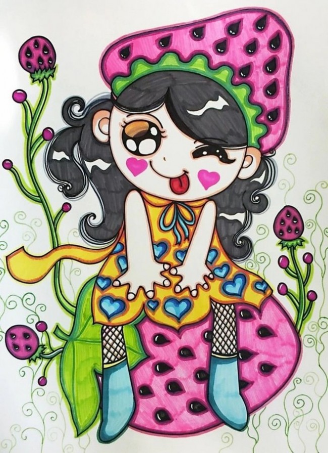 可爱小女孩儿童画优秀作品 坐在草莓上的小女孩卡通画图片_www.youyix.com