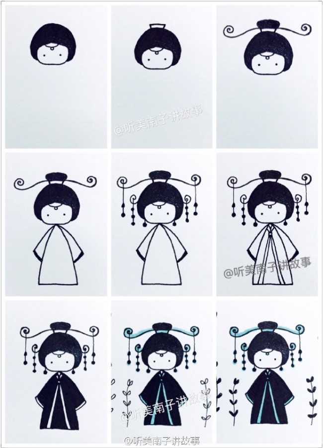 9款可爱古装美女简笔画教程 漂亮的古装衣服简笔画 q版古装美女简笔画