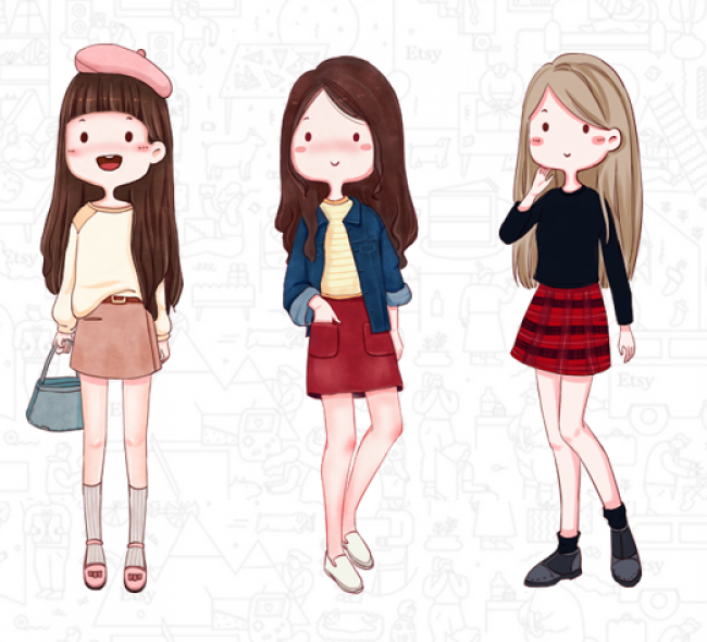 时尚亮丽女生各种服饰装扮的漫画插画图片 可爱又迷人的女生装扮卡通画_www.youyix.com