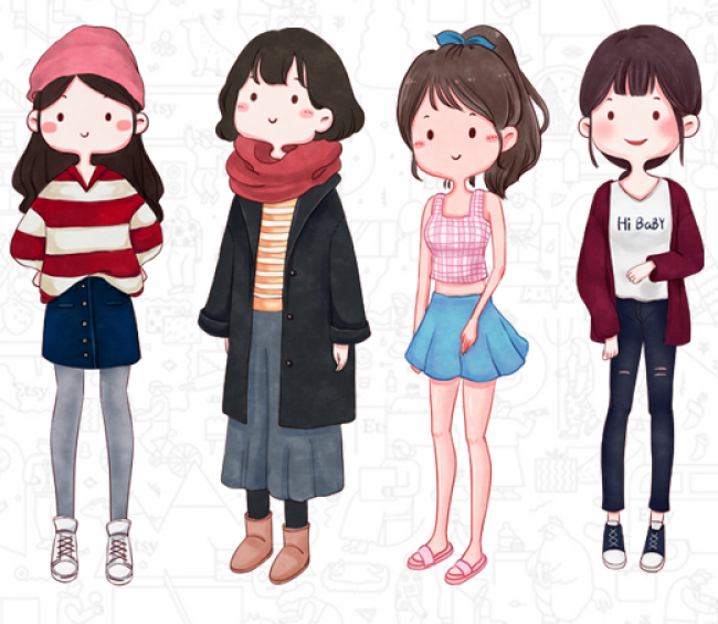 时尚亮丽女生各种服饰装扮的漫画插画图片 可爱又迷人的女生装扮卡通画_www.youyix.com