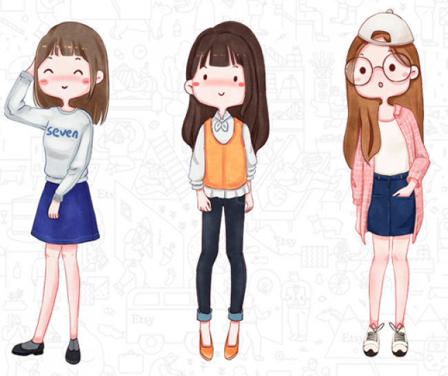 时尚亮丽女生各种服饰装扮的漫画插画图片 可爱又迷人的女生装扮卡通画_www.youyix.com