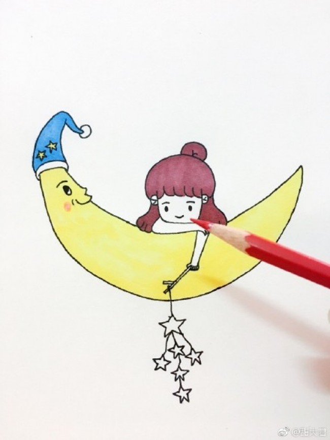 小女生晚安简笔画教程图片小女生和月亮简笔画怎么画可爱的女孩晚安