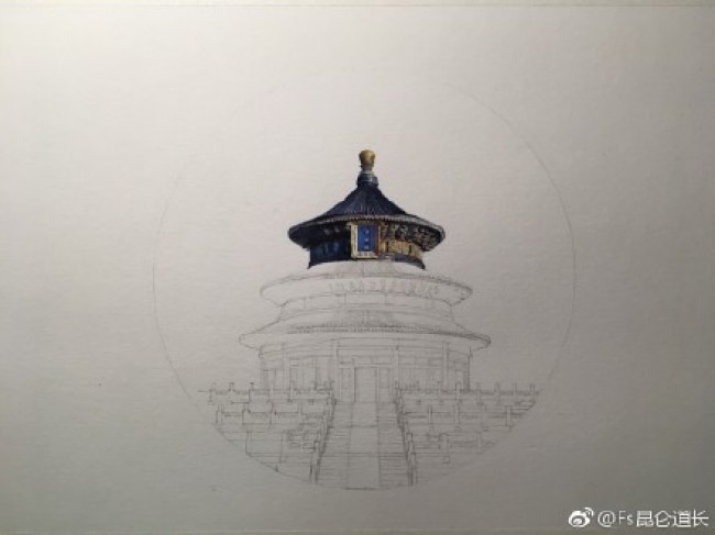 写实风天坛水彩画手绘教程图片 高手作品 古风古韵中国风建筑水彩画_www.youyix.com