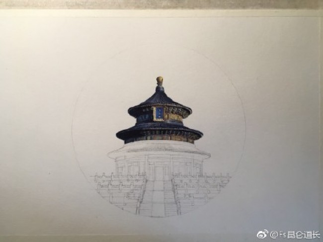 写实风天坛水彩画手绘教程图片 高手作品 古风古韵中国风建筑水彩画_www.youyix.com