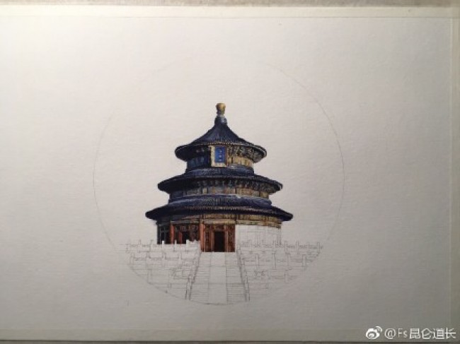 写实风天坛水彩画手绘教程图片 高手作品 古风古韵中国风建筑水彩画_www.youyix.com