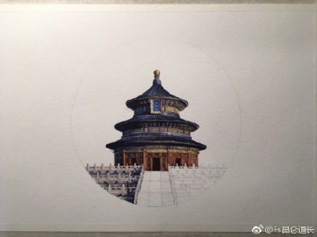写实风天坛水彩画手绘教程图片 高手作品 古风古韵中国风建筑水彩画_www.youyix.com