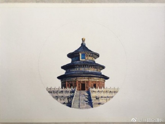 写实风天坛水彩画手绘教程图片 高手作品 古风古韵中国风建筑水彩画_www.youyix.com
