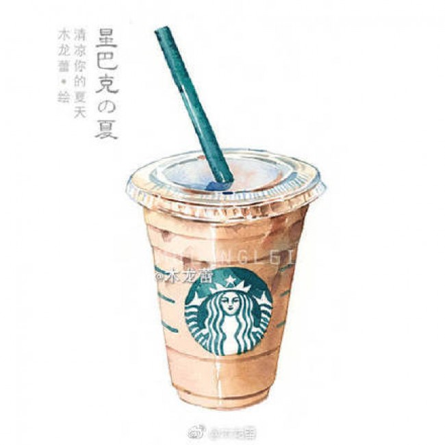 星巴克咖啡甜品水彩画图片 星巴克饮料水彩手绘 星巴克星冰乐蛋糕画法_www.youyix.com