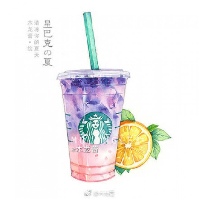 星巴克咖啡甜品水彩画图片 星巴克饮料水彩手绘 星巴克星冰乐蛋糕画法_www.youyix.com