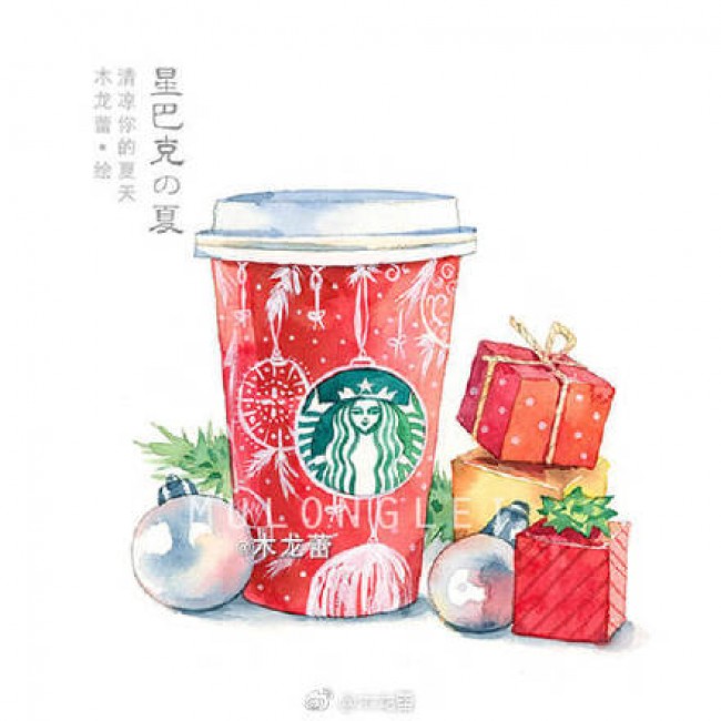 星巴克咖啡甜品水彩画图片 星巴克饮料水彩手绘 星巴克星冰乐蛋糕画法_www.youyix.com