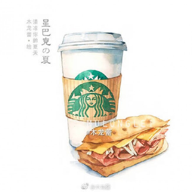 星巴克咖啡甜品水彩画图片 星巴克饮料水彩手绘 星巴克星冰乐蛋糕画法_www.youyix.com