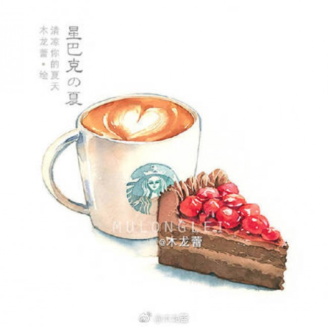 星巴克咖啡甜品水彩画图片 星巴克饮料水彩手绘 星巴克星冰乐蛋糕画法_www.youyix.com
