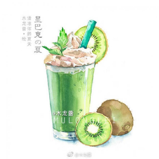 星巴克咖啡甜品水彩画图片 星巴克饮料水彩手绘 星巴克星冰乐蛋糕画法_www.youyix.com