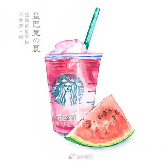 星巴克咖啡甜品水彩画图片 星巴克饮料水彩手绘 星巴克星冰乐蛋糕画法_www.youyix.com