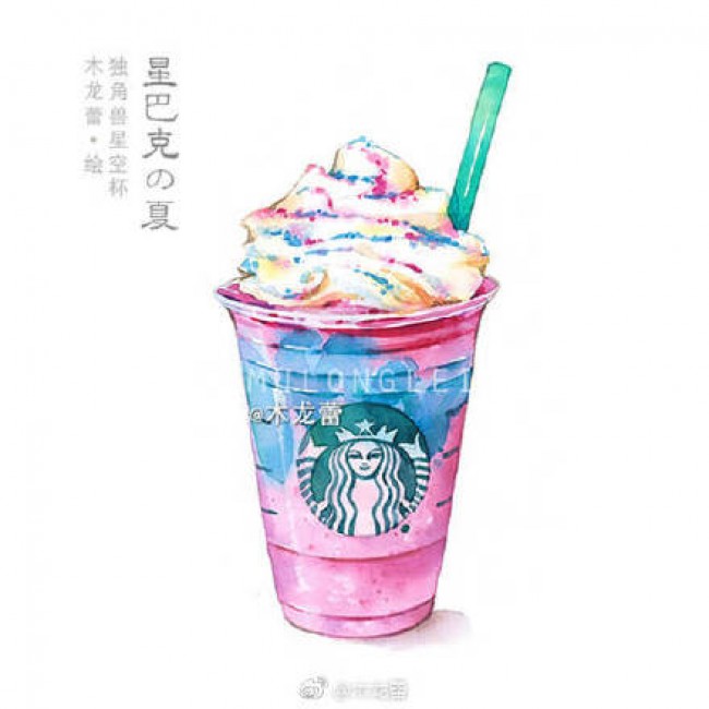 星巴克咖啡甜品水彩画图片 星巴克饮料水彩手绘 星巴克星冰乐蛋糕画法_www.youyix.com