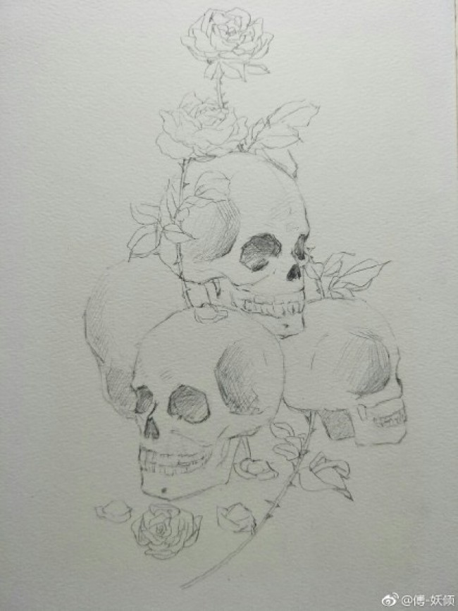 骷髅与玫瑰水彩插画 暗黑风手绘教程 步骤过程画法_www.youyix.com