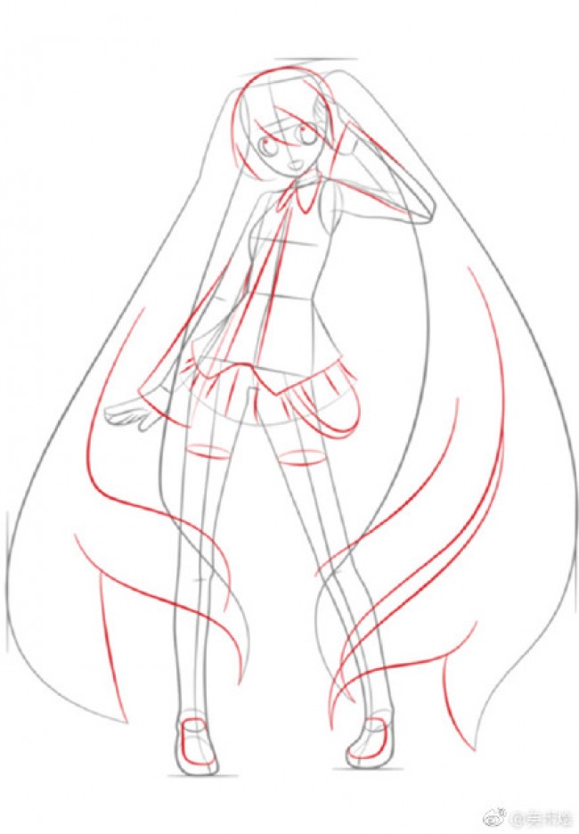 初音未来动漫插画线稿画法 线稿步骤演示画法 身体结构比例展示