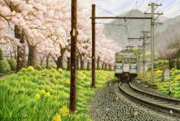 松本忠笔下日本郊区美丽风景和电车经过的场景插画
