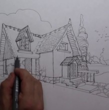 【视频】用很严格的两点透视画法画小别墅建筑效果图手绘视频教程画法