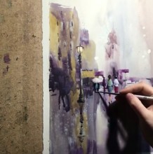【视频】唯美有意境的雨中街景水彩画视频教程画法步骤 下雨的街景画法